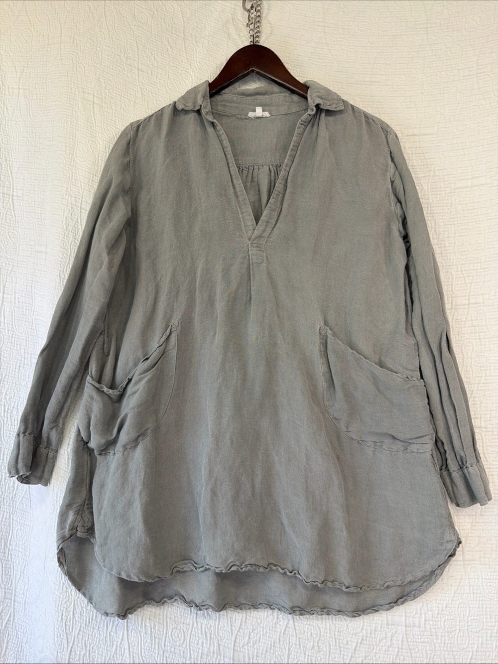 Dolma Linen Shirt Womens Large Long Pullover Top Artsy Lagenlook Tunic Pockets L